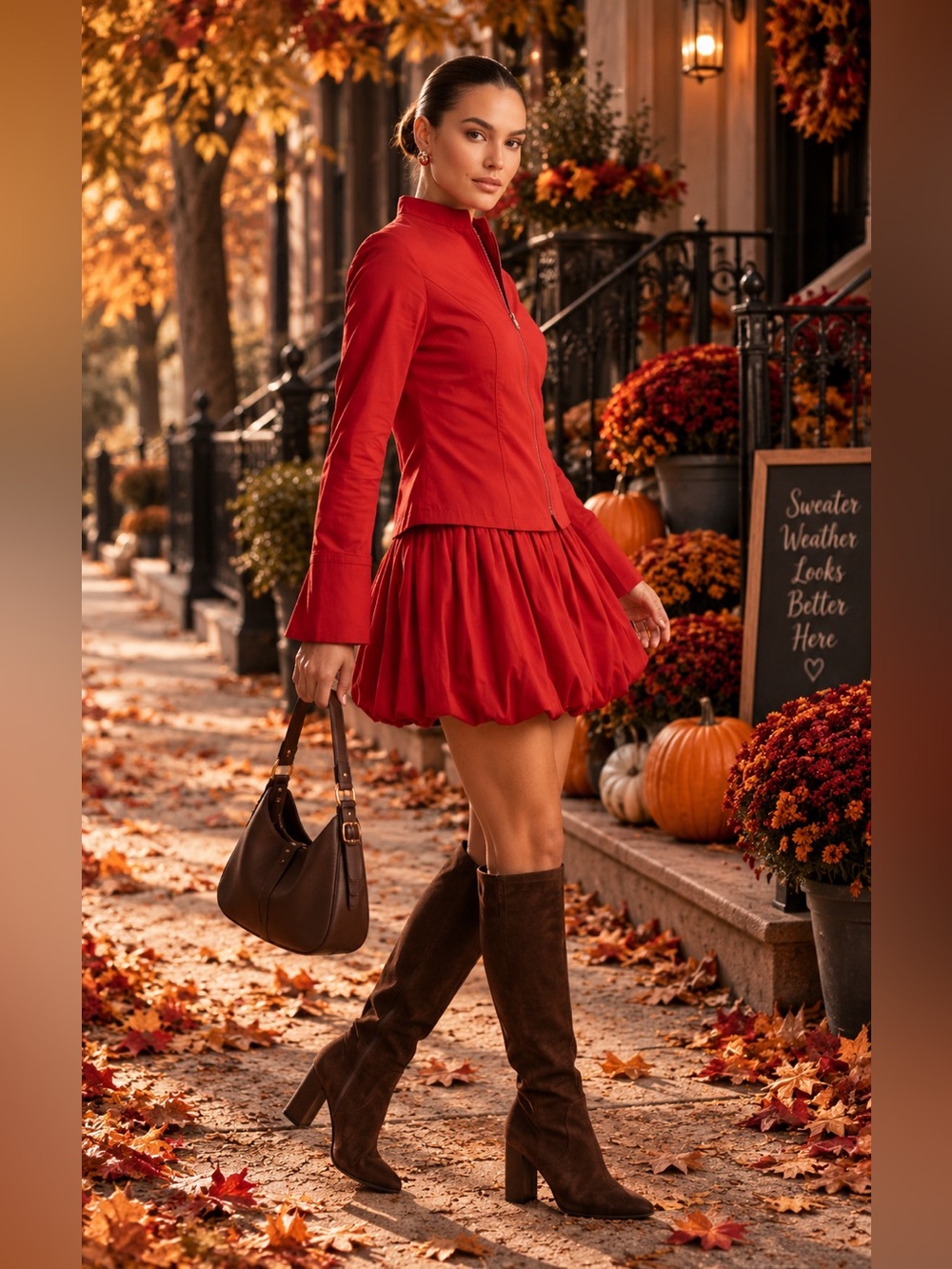 Red Zip-Front Fitted Jacket Bubble Skirt Set size small
